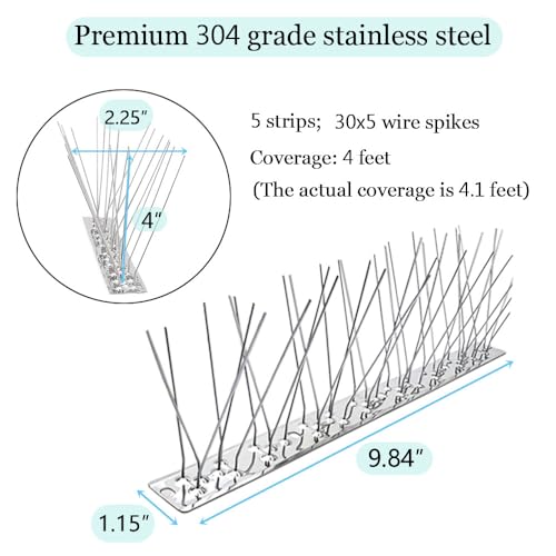 PANGCH Bird Spikes,Stainless Steel Bird Spikes Metal Bird Spikes Fence Spikes Easy to Install - 5 Strips 4.1 Feet Coverage - size: 4.1 Feet