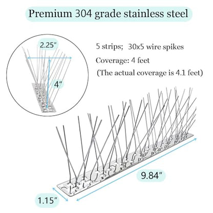 PANGCH Bird Spikes,Stainless Steel Bird Spikes Metal Bird Spikes Fence Spikes Easy to Install - 5 Strips 4.1 Feet Coverage - size: 4.1 Feet