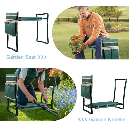 Garden Kneeler and Seat, Foldable Kneeling Stool with Tool Bag Pouch EVA Foam Pad Outdoor Practical Garden Tools for Kneeling and Sitting Sturdy and Lightweight,Green