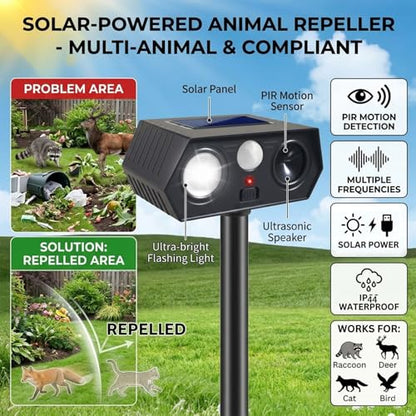 Solar Animal Repellent Outdoor 4 Pack, Ultrasonic Deer Deterrent Devices with Motion Sensor & Flashing Lights, Waterproof Solar Powered Cat Repellent for Garden Yard Squirrel Raccoon Skunk Rabbit Dog