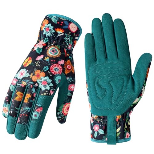 Gardening Gloves for Women, Breathable Leather Garden Gloves,Gardening Gift - color: Green - Black Flower