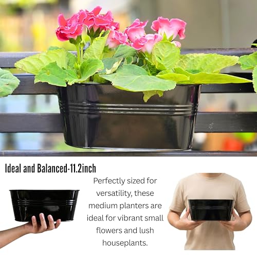 LaLaGreen Outdoor Plants Rail Planter (11.2 Inch, 8 Pack) Black Metal Iron Hanging Flower Pots Deck Railings Fence Buckets Modern Garden Boho Style Wall Mount Window Box Plant Holder Hooks Porch Decor - size: 11.2" (28cm) x 8 Pack