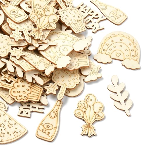 Ipotkitt 100pcs Assorted Birthday Wood Cutouts Flower Balloon Unfinished Wooden Cutouts for Birthday Party Baby Shower DIY Crafts Scrapbooking - color: Birthday Wood Cutouts_100pcs