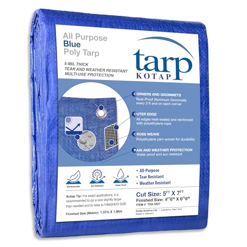 Kotap TRA-0507 Waterproof All-Purpose Multi-Use Protection/Coverage 5-mil Poly Tarp, Cut Size: 5 x 7'/Finished Size: 4' 6" X 6' 6", Blue - color: Blue, size: 5 x 7 Ft.