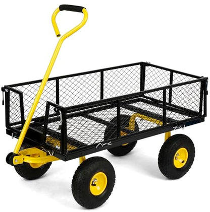 Simpli-Magic Heavy Duty 1100 Lbs Capacity Mesh Steel Garden Cart Folding Utility Wagon Yard Cart with Removable Sides and Large Wheels