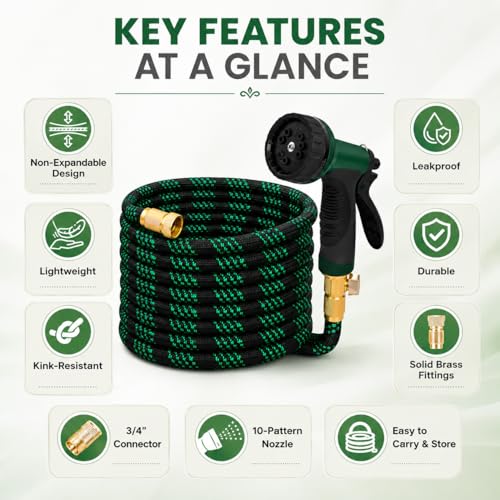25 FT Premium Non-Expanding Garden Hose Ultra Lightweight, 25FT Watering Hose with 10 Function Nozzle, Kink & Tangle-Free, Leakproof & Pressure Resistant for Yard/Lawn/Camping (Black&Green) - color: Black&Green, size: 25FT