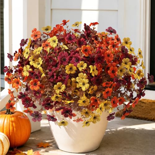 HyeFlora Artificial Fall Flowers for Outdoor Decoration, 14 Bundles Faux Silk Colorful Mums Ferns UV Resistant Realistic Fake Flowers for Home Porch Patio Yard Window Box (3 Colors Mixed) - color: 3 Fall Colors Mix With Fern
