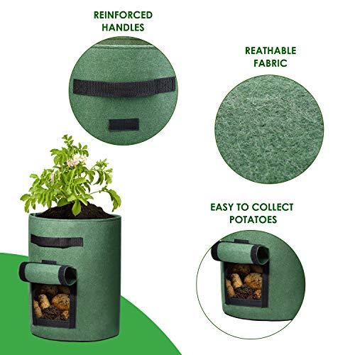 Delxo 5 Pack 10 Gallon Potato Grow Bags, Garden Planting Growing Bag with Flap, Double Layer Breathable Nonwoven Cloth for Potatoes/Planter/Vegetable/Tomato Fabric Pots with Handles Green - size: 10 Gallon