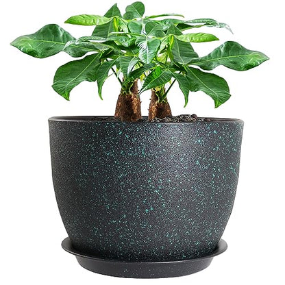 UOUZ 12inch Large Plant Pot, Modern Plastic Planter with High Driange Holes and Saucer for Indoor Outdoor Garden Plants and Flowers, Black with Green Speckles - color: Black With Green Speckles