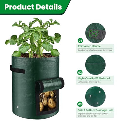 10 Gallon 3-Pack Potato Grow Bags, Heavy Duty PE Fabric Pots with Flap and Handles, Green Planter Bags for Potato Vegetables Outdoor Garden, 17.7''x13.8'' Large for All Plants Growing - size: Green-3 Pack