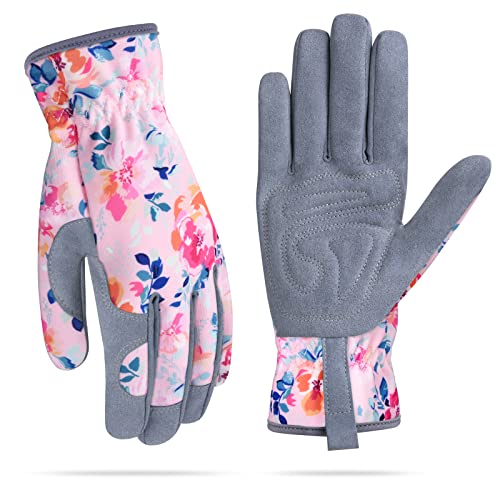 Womens Gardening Weeding Working Gloves, Leather Garden Glove for Women Thorn Proof No Stab for Digging, Planting,Pruning - color: Pink-large