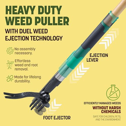 Papa's Tools Weed Puller Tool, 44" Stand Up Weeder Garden Tools & 4 Claw Steel Head, Dual Weed Eject Tech. Made with Real Bamboo & Long Wooden Handle, Yard Weeding Remover for Gardening Men & Women - color: Natural / Green
