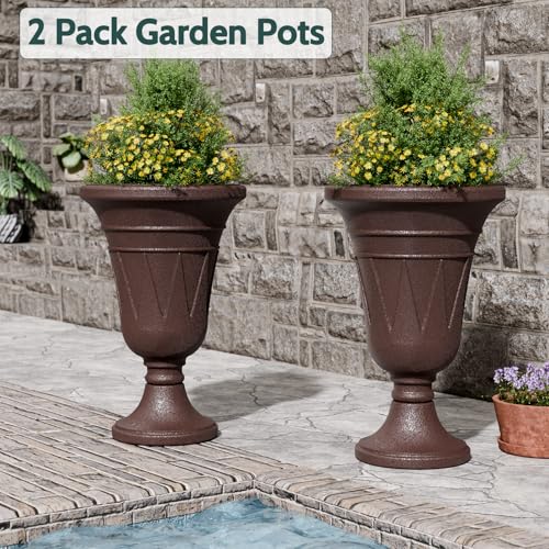 Tall Plastic Urn Planters and Pedestal - 24" Outdoor Planter Brown - color: Brown-trophy