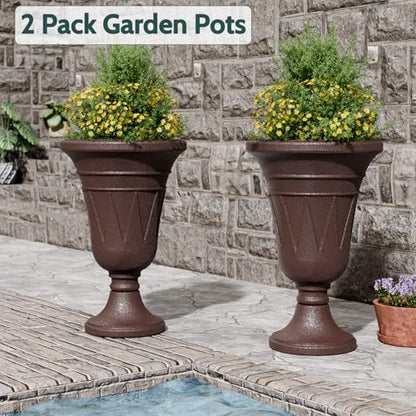 Tall Plastic Urn Planters and Pedestal - 24" Outdoor Planter Brown - color: Brown-trophy