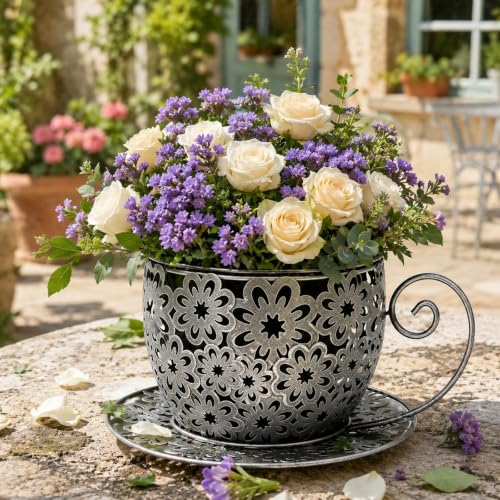 Iron Teacup Planter, Vintage Coffee Cup Flower Pot with Floral Cutout Design, Suitable for Indoor Outdoor Decoration, Ideal for Succulents Flowers, Balcony Garden Decor (Silver) - color: Silver