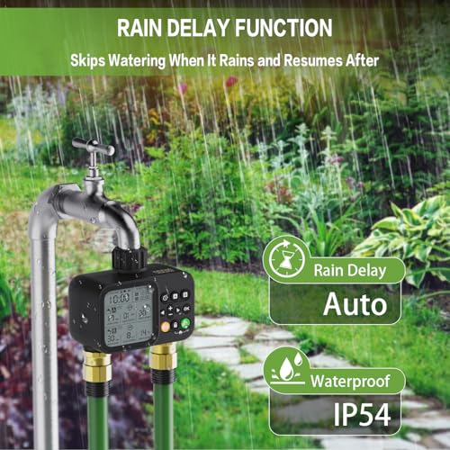 Sprinkler Timer 2 Outlets, Programmable Water Hose Timer with Rain Delay/Manual/Automatic Watering System, Outdoor Digital Automatic Irrigation for Garden Yard Lawn with Large Display(Black)