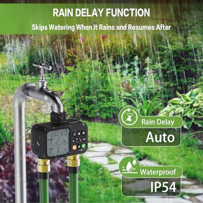 Sprinkler Timer 2 Outlets, Programmable Water Hose Timer with Rain Delay/Manual/Automatic Watering System, Outdoor Digital Automatic Irrigation for Garden Yard Lawn with Large Display(Black)