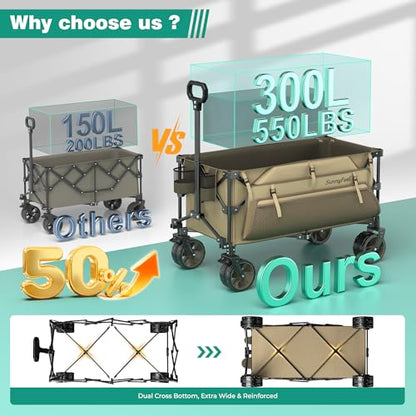 SUNNYFEEL 300L Collapsible Wagon Cart with Big Wheels, 550LBS, Khaki - color: Khaki