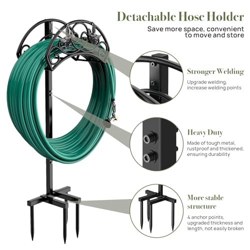 Winpull Garden Hose Holder Detachable, Heavy Duty Metal Water Hose Hanger Freestanding Hose Organizer Hose Holders for Outside (Black) - color: Black-bird