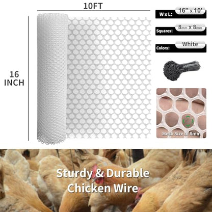 Plastic Wire Mesh Fence 16in x 10Ft Plastic Chicken Wire Mesh for Poultry, Dogs, Rabbit, Snake Barrier & Gardening Versatile Plastic Fencing (16in x 10Ft, White) - color: White, size: 16in x 10Ft