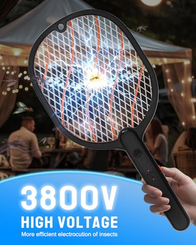 Mosiller Electric Fly Swatter, 3800V Bug Zapper Racket, Rechargeable 1200mAh Mosquito Killer 3-Layer Safety Mesh Lightweight Easy to Use, Indoor Home Office Backyard Patio Camping (Black-Basic 1 Pack) - size: Black-Basic 1 Pack