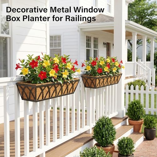 HFHOME 24 inch Railing Planter Box - 4 Pack Metal Window Trough with Coconut Coir Liners, Flower Basket for Deck Railings Balcony or Porch to Display Plants and Flowers - size: 24 Inch 4-Pack X-Pattern