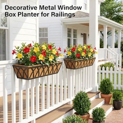 HFHOME 24 inch Railing Planter Box - 4 Pack Metal Window Trough with Coconut Coir Liners, Flower Basket for Deck Railings Balcony or Porch to Display Plants and Flowers - size: 24 Inch 4-Pack X-Pattern