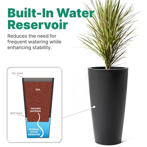 Step2 Tremont Tall Round Tapered Planter 2-Pack, 28 in Resin Planters, Self-Watering, Onyx Black - color: Onyx Black, size: 2-Pack
