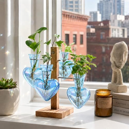 Nacome Plant Terrarium Propagation Stations: Blue Vase with Wooden Stand - color: Blue