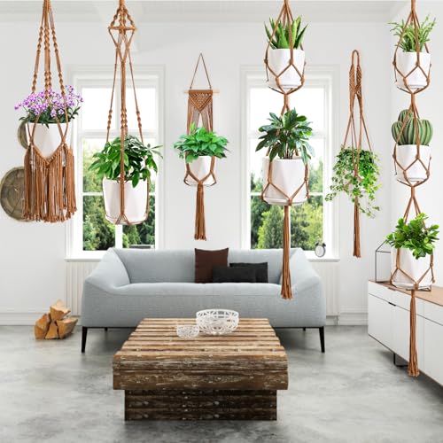 SFENNGPET Macrame Plant Hangers, 6Pack Hanging Planters for Indoor Plants - color: Caramel