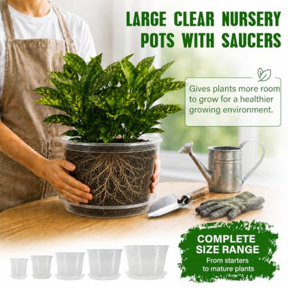MIXC 12/10/8/6/5 Inch 20 Pack Clear Nursery Pots with Drainage & Sacuer - size: 12/10/8/6/5 IN*20 Pack