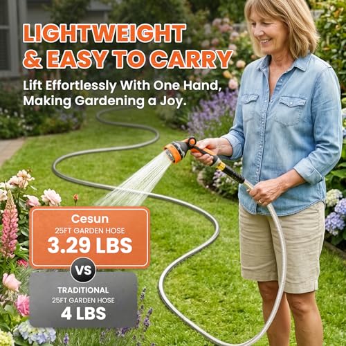 Cesun 25 ft Metal Garden Hose with 10 Function Nozzle, 25 foot x 5/8" - size: 25ft Male to Female