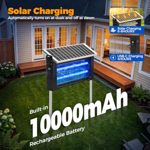 20W Solar Bug Zapper Outdoor Waterproof, LANGY 20W w/10000mAh Battery Electric Mosquito Killer Zapper Fly Insect Mosquitos Trap with Auto On/Off & 16.4ft Cord for Yard Camping Garden RV Home - size: 20w with 2 UV lights