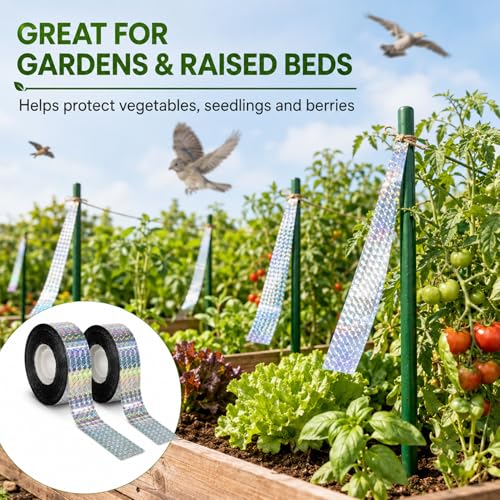 RAINFLOW Bird Scare Tape - 2 Rolls 300FT Reflective Ribbon for Garden