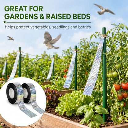 RAINFLOW Bird Scare Tape - 2 Rolls 300FT Reflective Ribbon for Garden