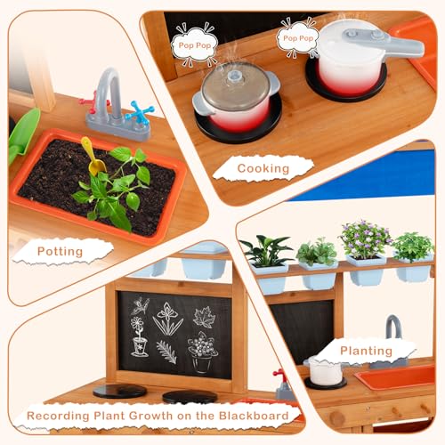 GLACER Mud Kitchen, Fir Wood Kids Play Kitchen with Adjustable Canopy, 4 Planting Pots, Blackboard, Kids Potting Bench Table, Outdoor Mud Table for Girls & Boys 3+