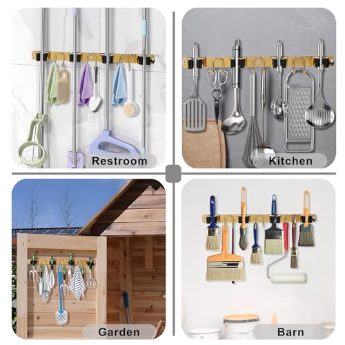 Mop Broom Holder Wall Mount, Gold Stainless Steel Tool Storage Organizer for Kitchen Garden Garage Laundry Room Bathroom and RV with 4 Slots 6 Hooks - color: Gold-1 Pack