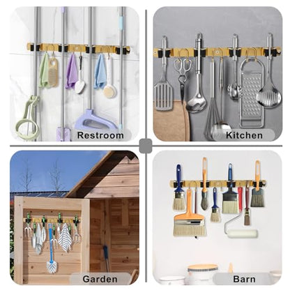 Mop Broom Holder Wall Mount, Gold Stainless Steel Tool Storage Organizer for Kitchen Garden Garage Laundry Room Bathroom and RV with 4 Slots 6 Hooks - color: Gold-1 Pack