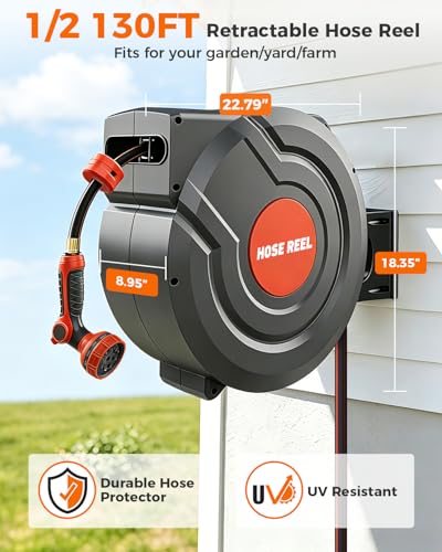 Retractable Garden Hose Reel 130 FT 1/2 Inch 180° Swivel Automatic Slow Return Any Length Lock Hose Reels for Outside 9 Pattern Sprayer Nozzle UV Resistant