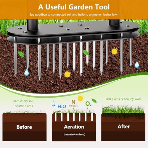 seasky Lawn Aerator, Manual Lawn Aerator Tool with Padded T-Handle, Wide Foot Plate & 15-3 Inch Solid Steel Spikes, Dual-Layer Design for Effortless Aeration in Lawn, Yard and Garden Soil