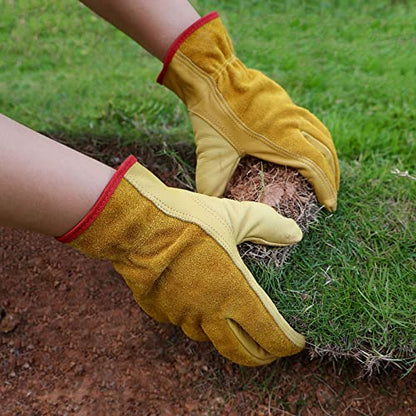OZERO Leather Work Gloves, Gardening Gloves, Flex Grip, EN388, 1 Pair, M - color: Gold(1 Pair), size: Medium