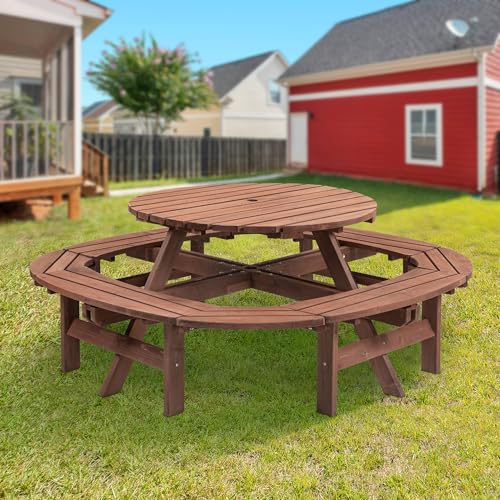 8-12 Person Outdoor Round Wooden Picnic Table with 8 Built-in Benches, Umbrella Hole, Outside Table and Bench Set for Garden, Backyard, Porch, Patio and Deck - size: 12person