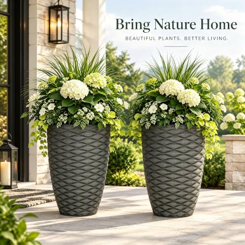 2-Pack 19" Rustic Black Resin Tall Planters with Wave Texture - color: 19"h-rustic Black Wavy