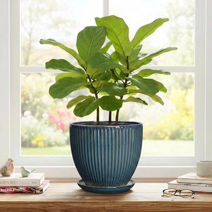 Ceramic Plant Pots, 8 Inch Planters with Saucer, Retro Blue - color: Retro Blue, size: 8 Inch