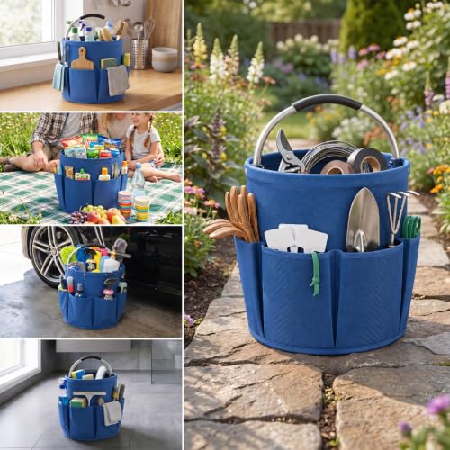 Garden Tool Organizer Tote with Non-Slip Handle – 4.5-Gallon Water-Resistant Bucket Bag with 6 Side Pockets, Portable Gardening and Outdoor Utility Bag for Yard Work, Garage, Beach & Camping (Blue) - color: Blue