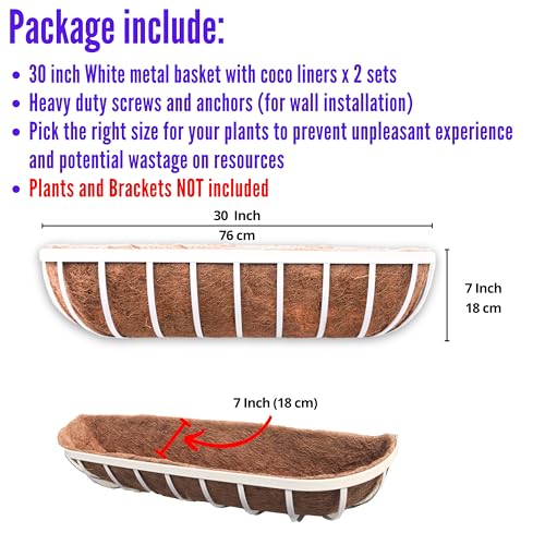 LaLaGreen Outdoor Planter Boxes (30 Inch, 2 Pack) White Metal Deck Railings Flower Box with Coco Liner, Rectangular Hanging Planters for Window Plant Horse Trough Fence Balcony Garden Herb Porch Patio - size: 30 Inch (2 Pack)