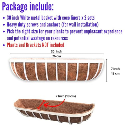 LaLaGreen Outdoor Planter Boxes (30 Inch, 2 Pack) White Metal Deck Railings Flower Box with Coco Liner, Rectangular Hanging Planters for Window Plant Horse Trough Fence Balcony Garden Herb Porch Patio - size: 30 Inch (2 Pack)