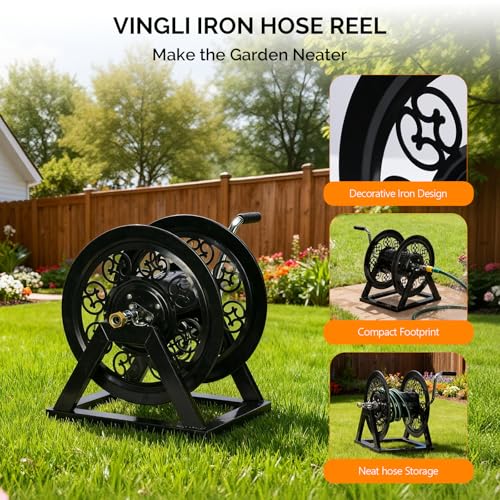 VINGLI Decorative Hose Reel, Wall Mount Water Hose Reel for Garden Outside with Heavy Duty Portable Rolling Design Metal, 108FT Capacity for 3/4" Hose for Outdoor Use (Black)