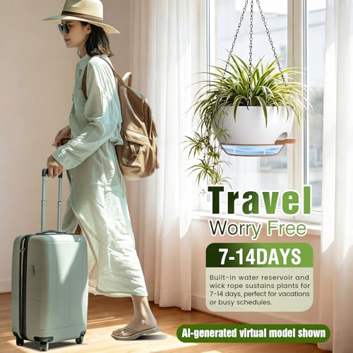 13 Inch Large Self Watering Hanging Planters 2 Pack with Saucers - color: White Brown, size: 13 Inch 2 Pack