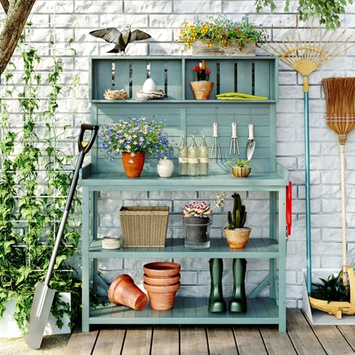 65" Large Wooden Farmhouse Rustic Outdoor Potting Bench Table, Patio Workstation, Garden Potting Bench with 4 Storage Shelves and Side Hook,Green